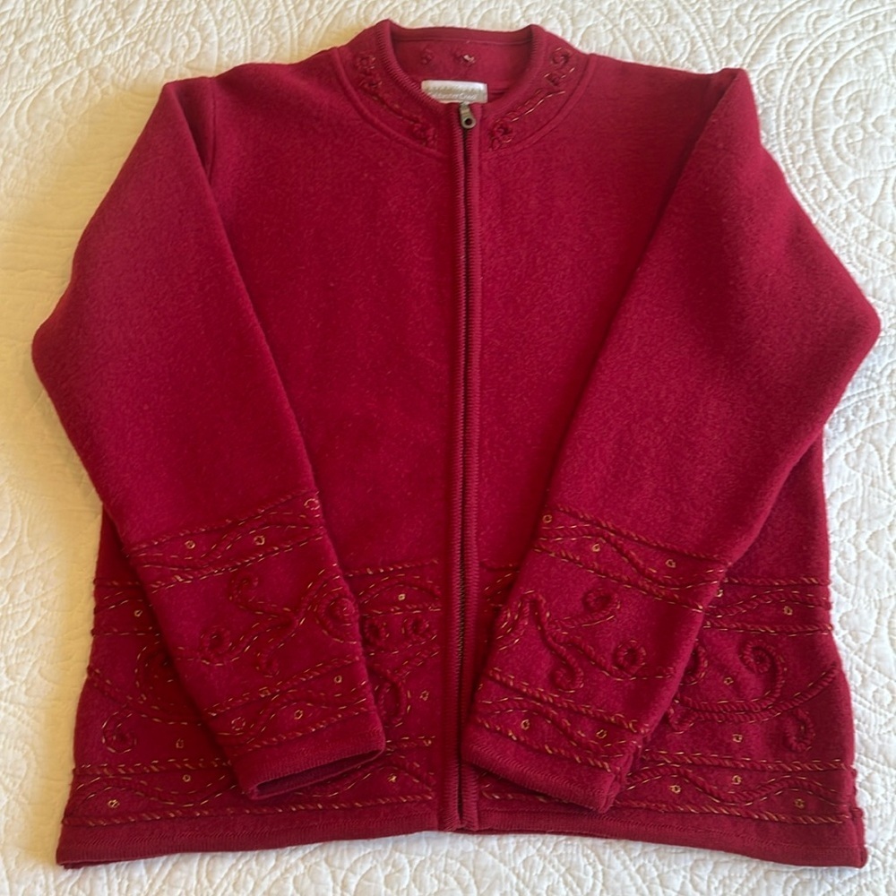 100% Wool Front Zip Sweater Jacket‎ Women’s Medium Red Gold Stitching Cord Warm